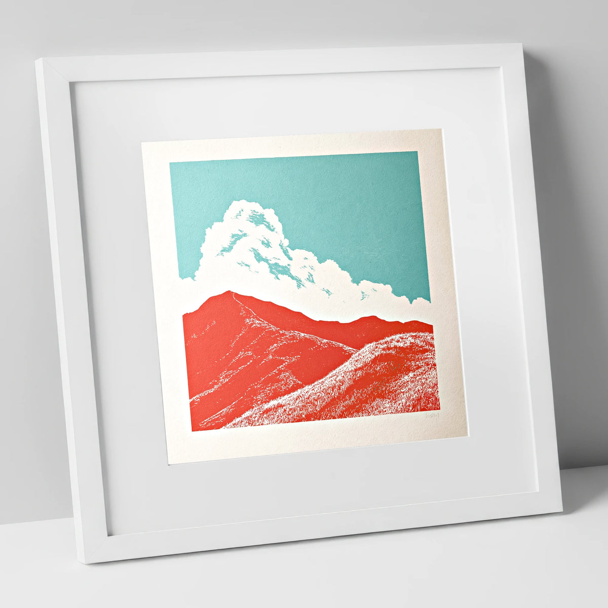 Vibrant Red Fells Under Cloud lake district fell art print in white frame