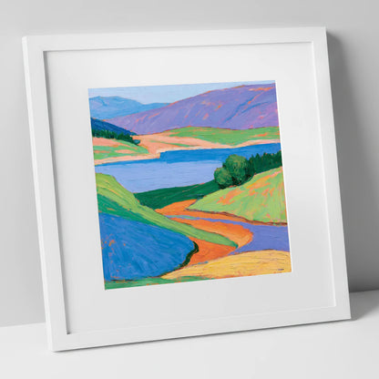 Cobalt Lake and Vibrant Fells lake district lake art print in white frame