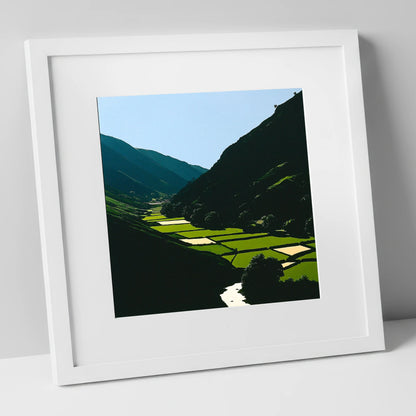 Sunlit Patchwork in the Dale lake district valley art print in white frame