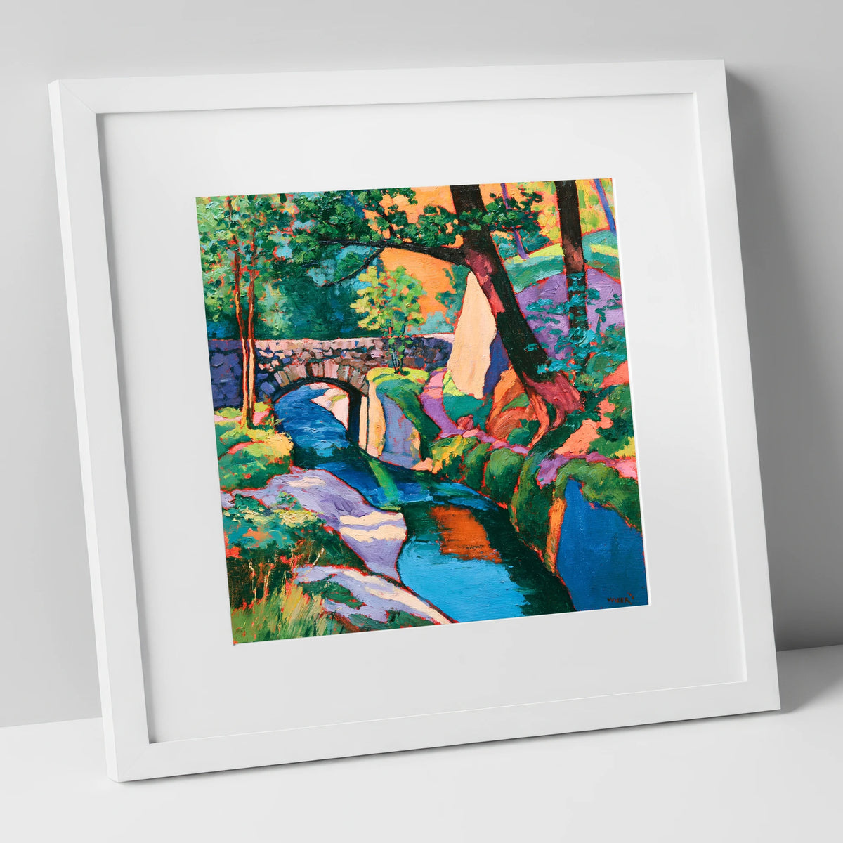 Vibrant Bridge Over Turquoise Beck lake district waterfall art print in white frame