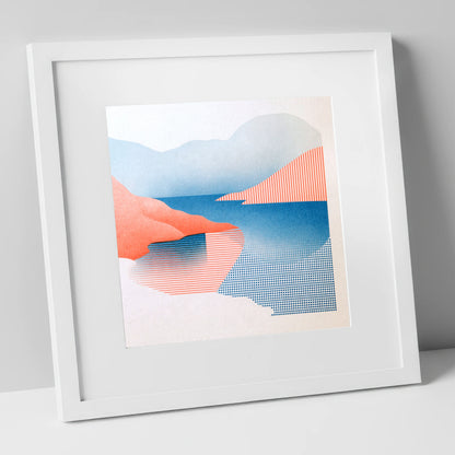 Buttermere Fells in Coral and Blue lake district lake art print in white frame