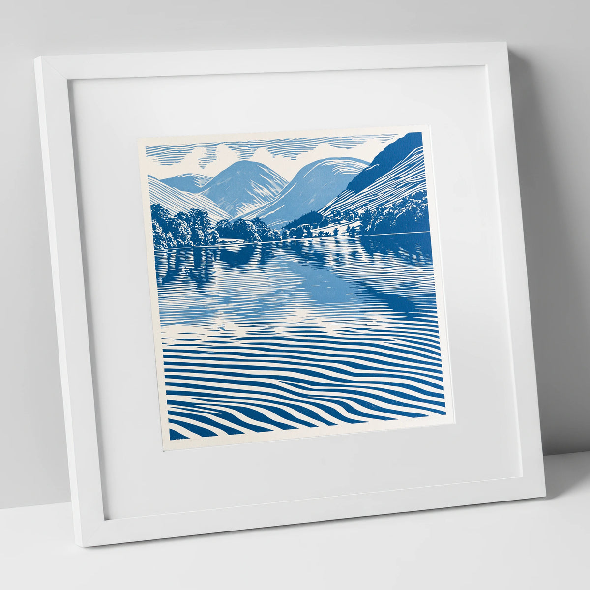 Cobalt Blue Lake Reflections lake district lake art print in white frame