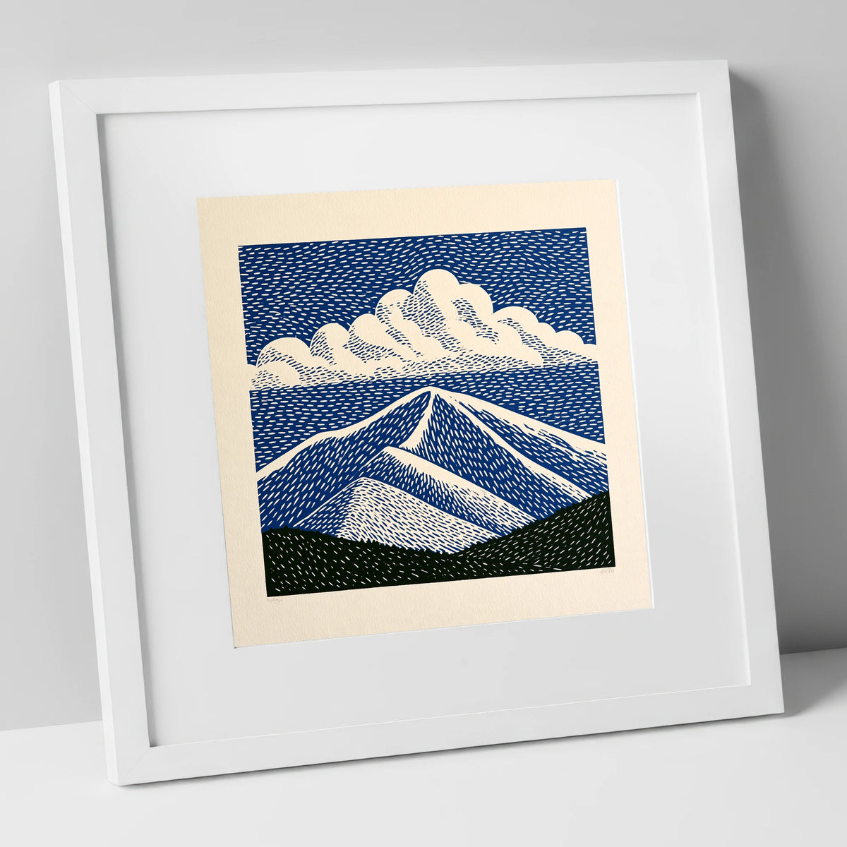 Bold Navy Blue Skiddaw Peak lake district fell art print in white frame