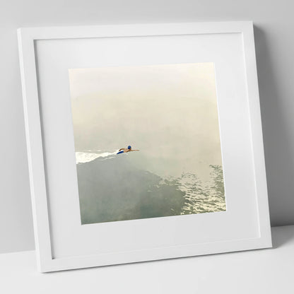 Open Water Swimmer in Morning Mist lake district walking art print in white frame