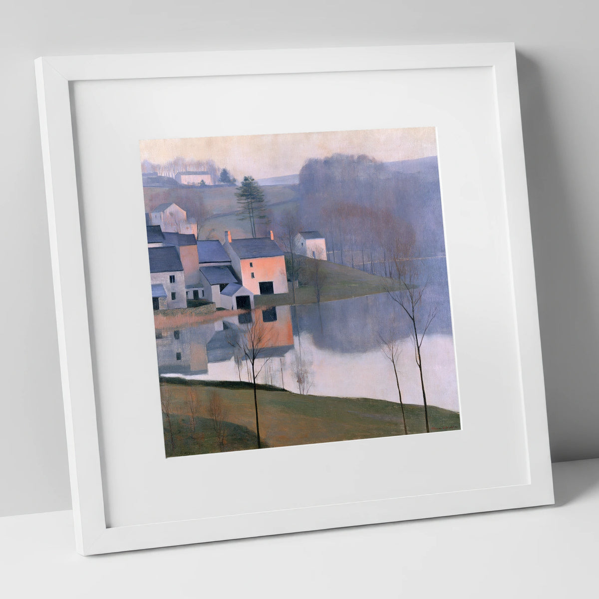 Pastel Lakeside Village Reflections lake district village art print in white frame