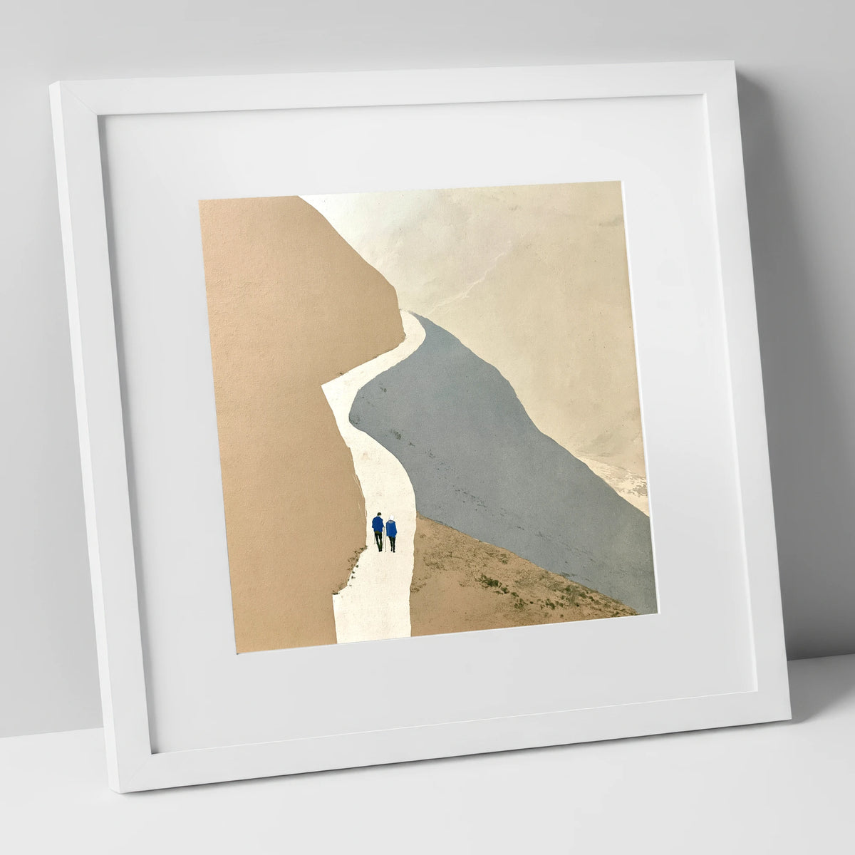 Fell Walkers on the Winding Slate Path lake district walking art print in white frame