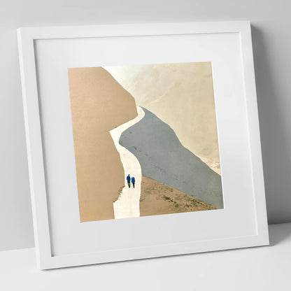 Fell Walkers on the Winding Slate Path lake district walking art print in white frame