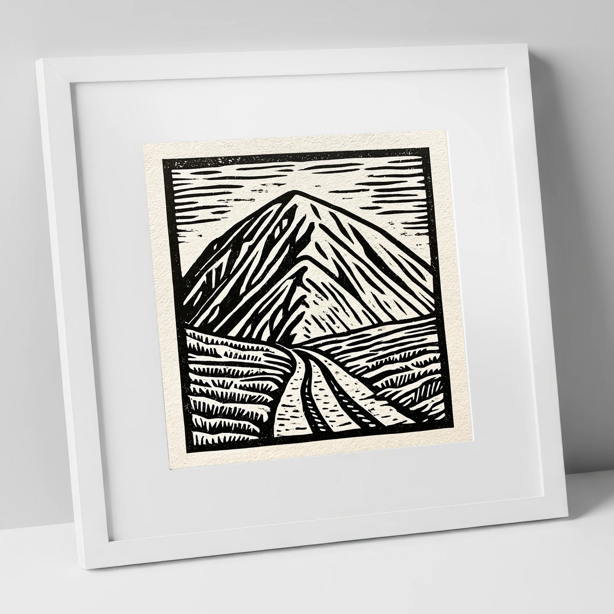 Bold Monochrome Blencathra Peak lake district fell art print in white frame