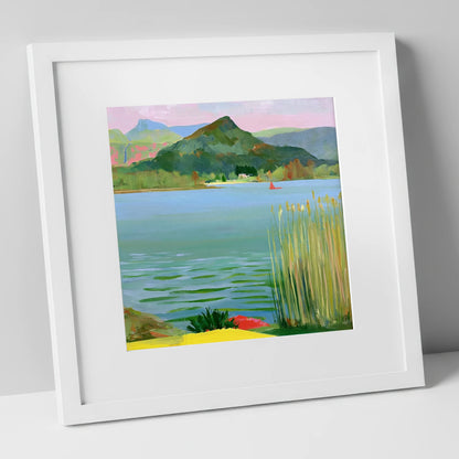 Vibrant Reeds on Grasmere Water lake district lake art print in white frame