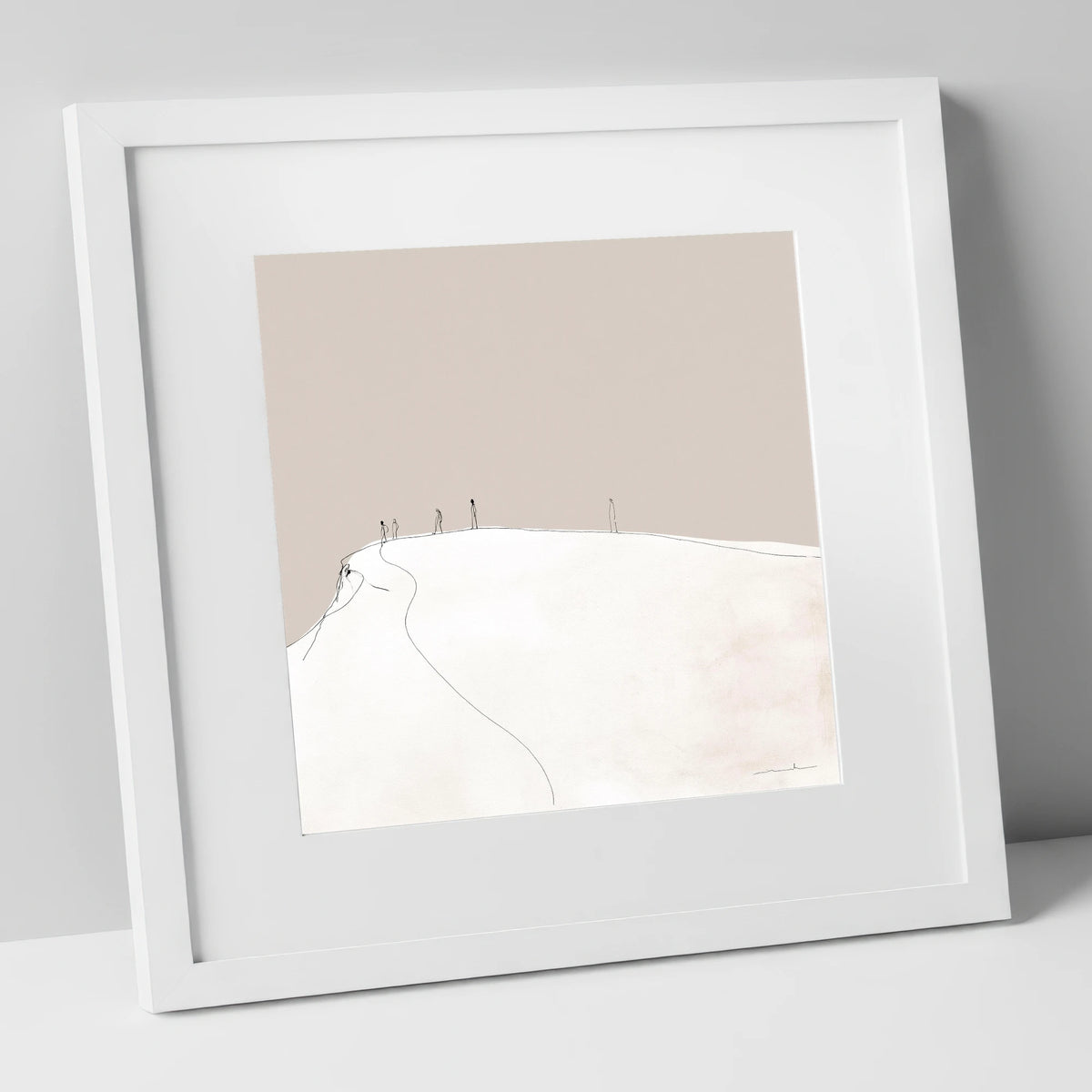 Distant Hikers on a Fell lake district fell art print in white frame