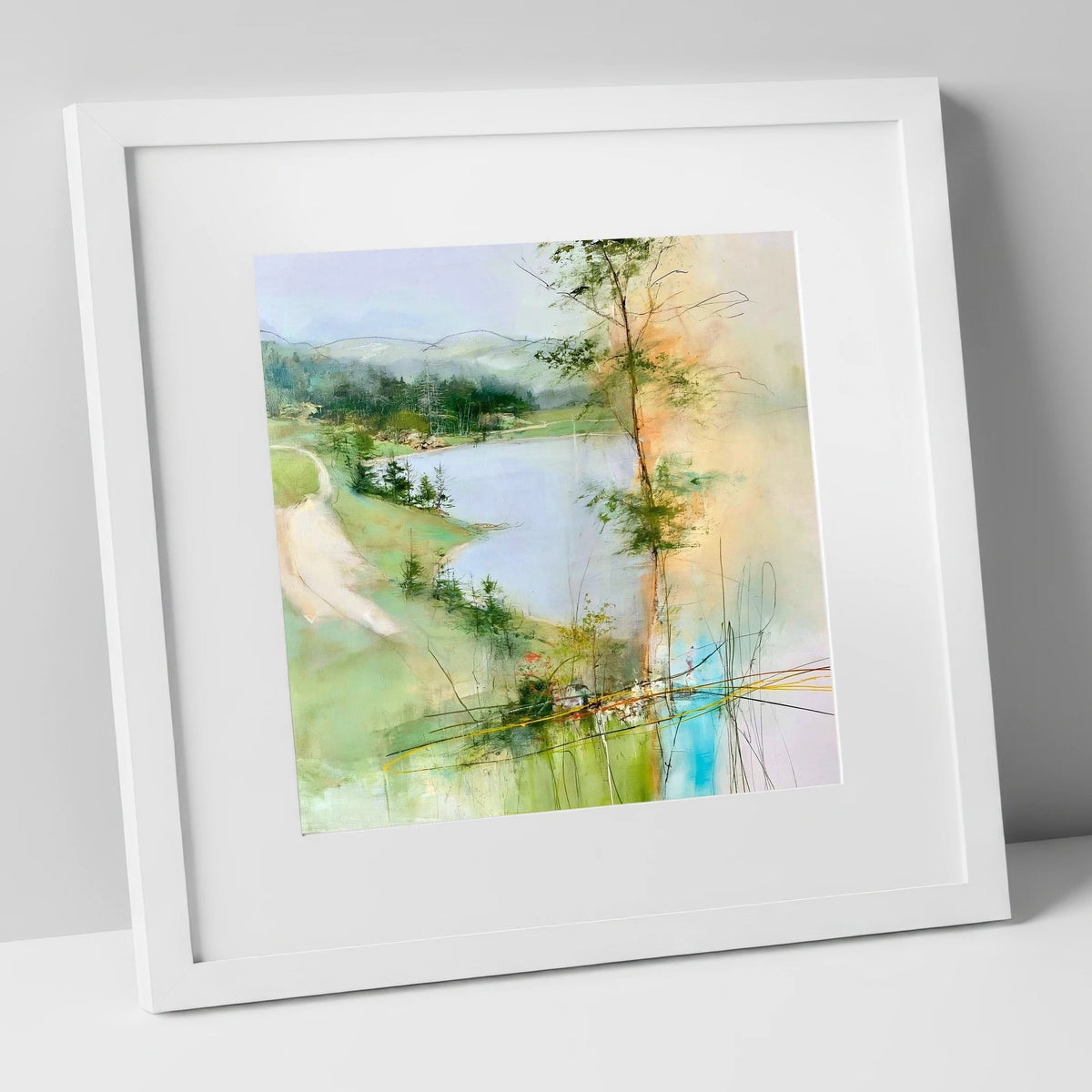Tarn Hows in Spring Greens lake district lake art print in white frame
