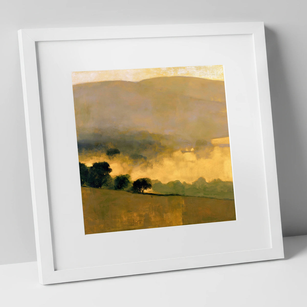 Golden Valley Mist at Dawn lake district sky art print in white frame