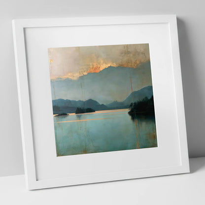 Golden Cloud Break at Derwentwater lake district lake art print in white frame