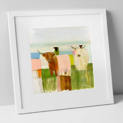 Highland Cattle in Abstract Pastels lake district wildlife art print in white frame