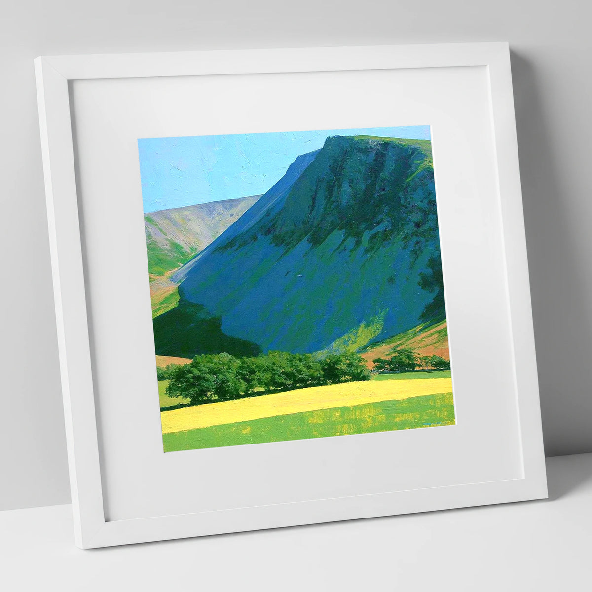 Vibrant Fields Below Great Borne lake district fell art print in white frame