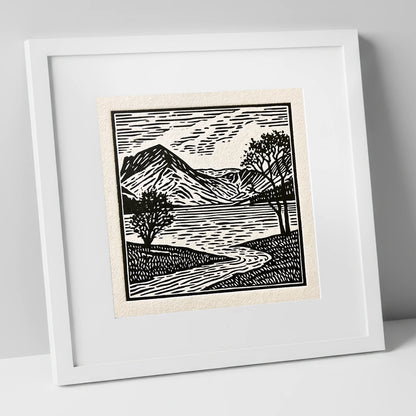 Graphic Monochrome Buttermere Fells lake district lake art print in white frame