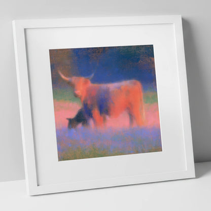 Highland Cattle in Twilight Haze lake district wildlife art print in white frame