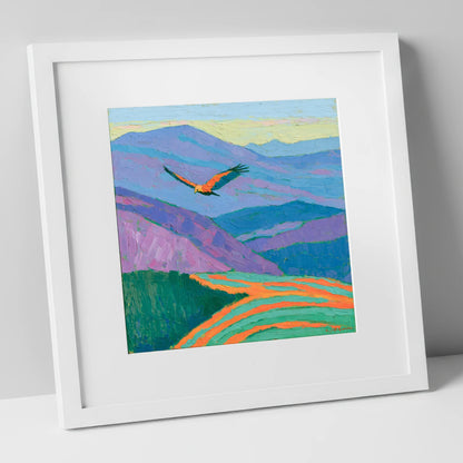 Soaring Buzzard Over Vibrant Fells lake district wildlife art print in white frame