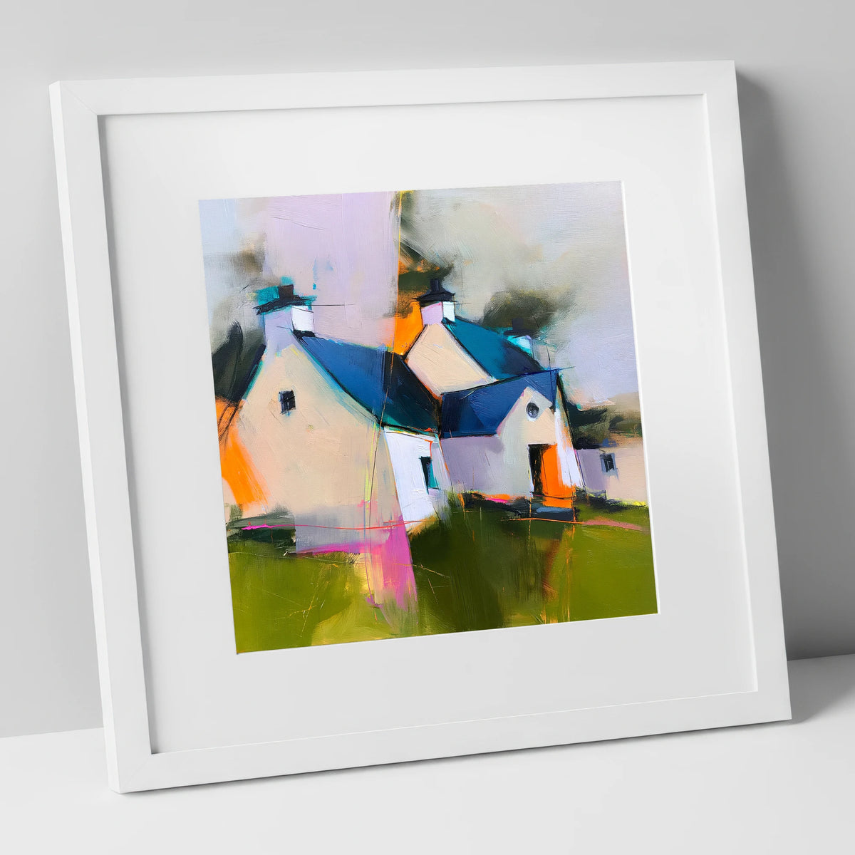 Colourful Slate Roofed Cottages lake district village art print in white frame
