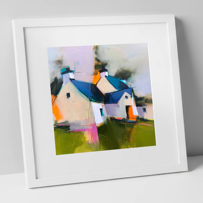 Colourful Slate Roofed Cottages lake district village art print in white frame
