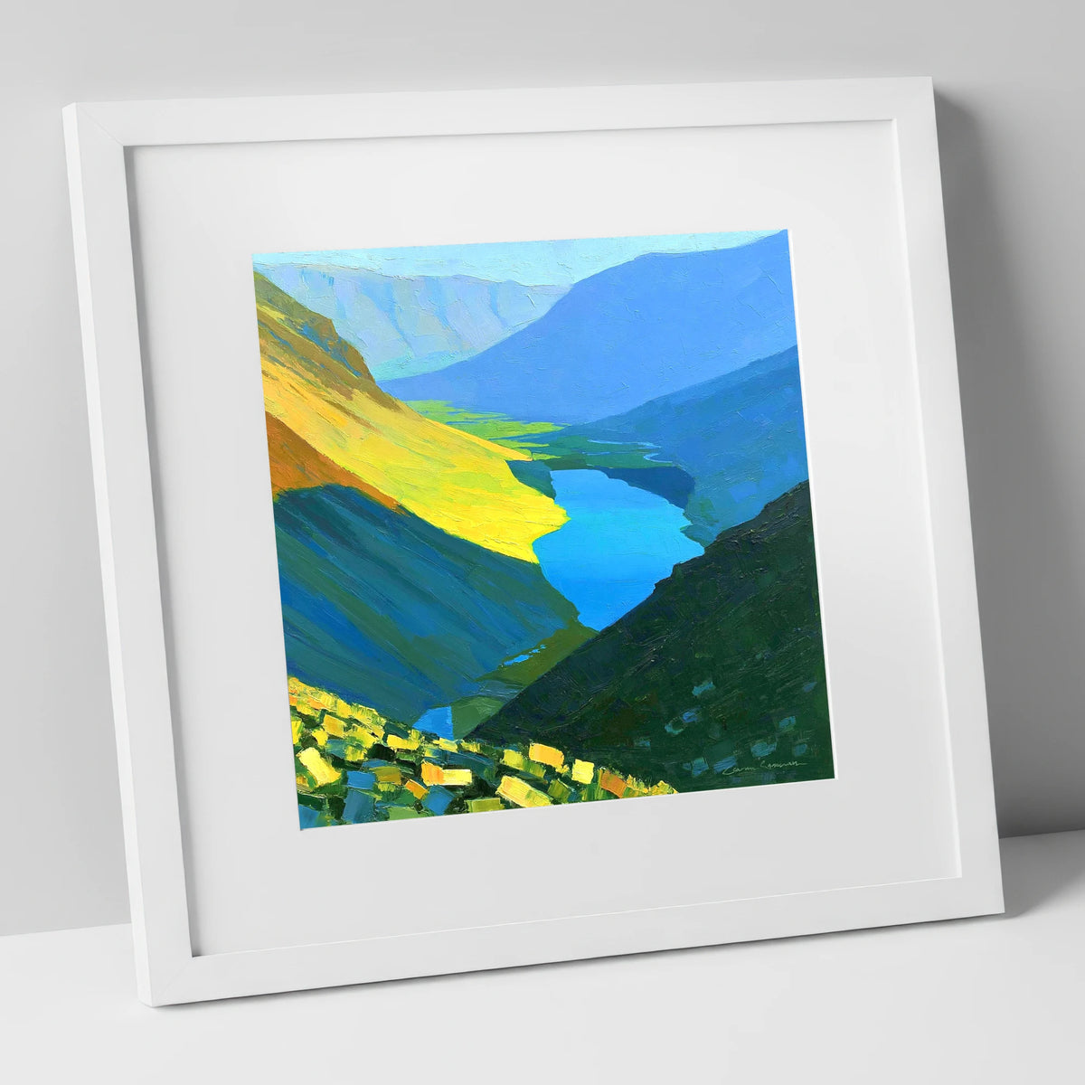 Vibrant Summit View Over Valley Lake lake district fell art print in white frame