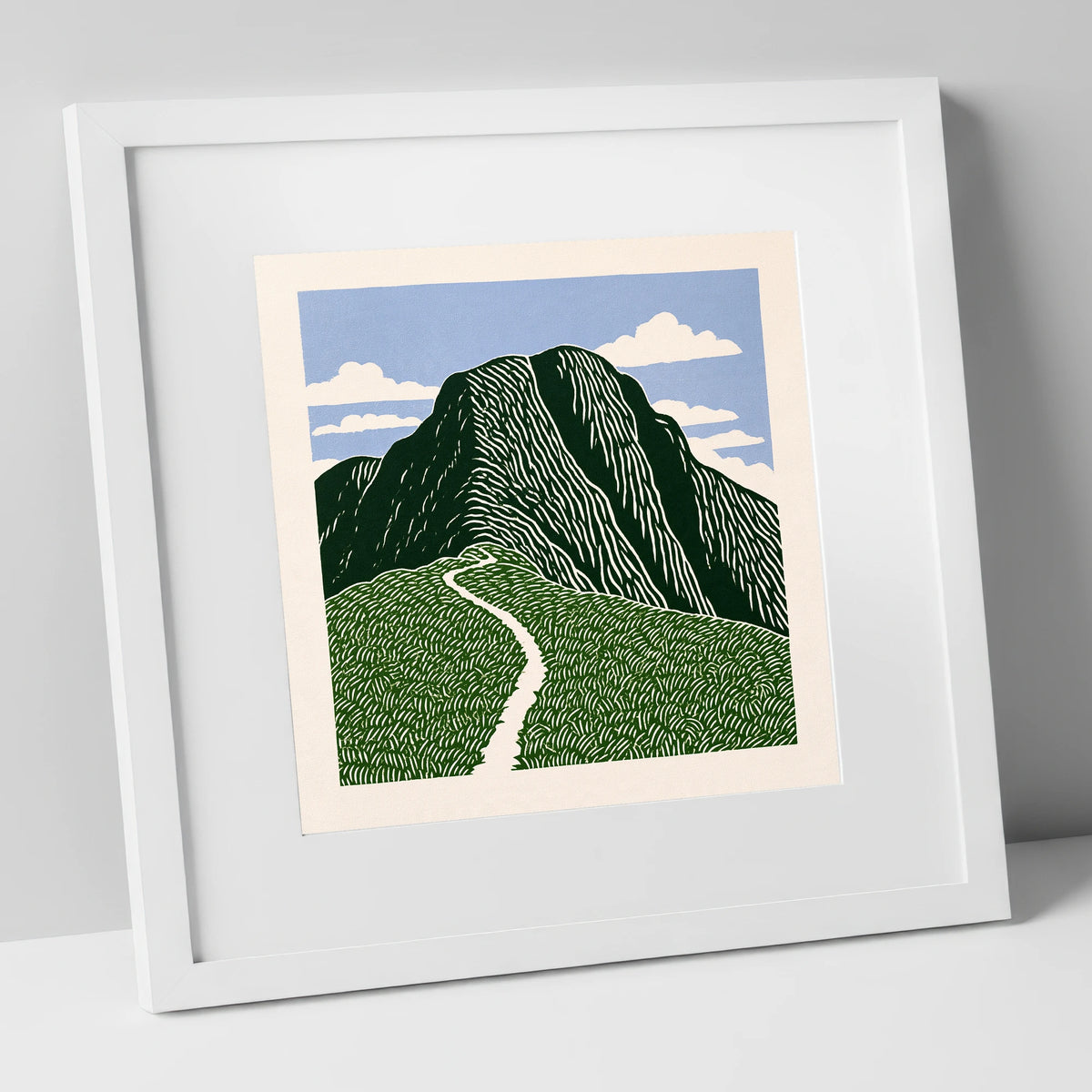 Graphic Scafell Pike Mountain Path lake district fell art print in white frame