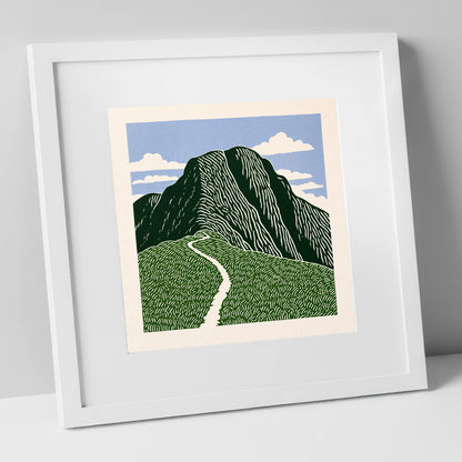 Graphic Scafell Pike Mountain Path lake district fell art print in white frame