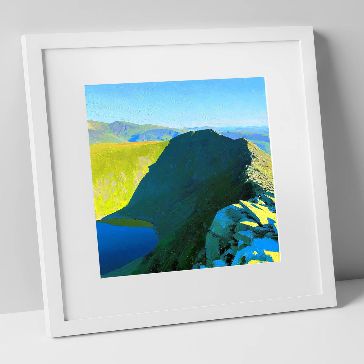Sunlit Striding Edge on Helvellyn lake district walking art print in white frame