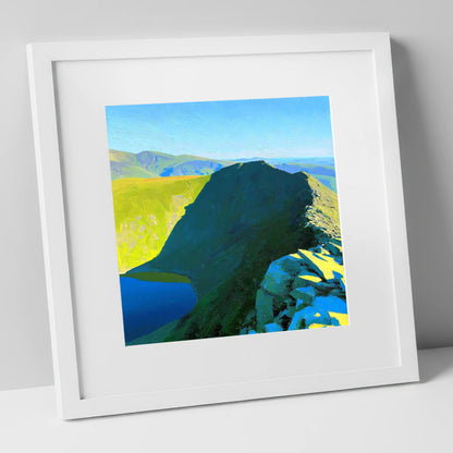 Sunlit Striding Edge on Helvellyn lake district walking art print in white frame