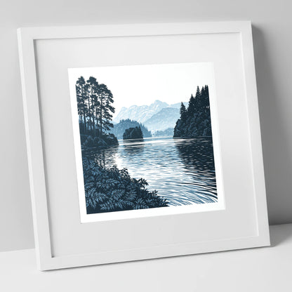 Deep Blue Lake at Dawn lake district lake art print in white frame