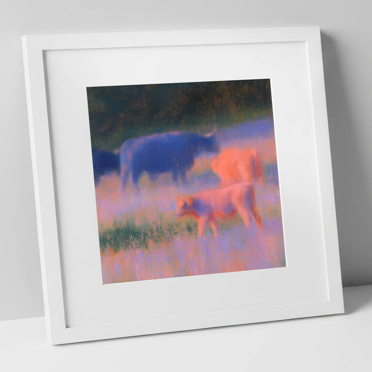 Highland Cattle in Twilight Haze lake district wildlife art print in white frame