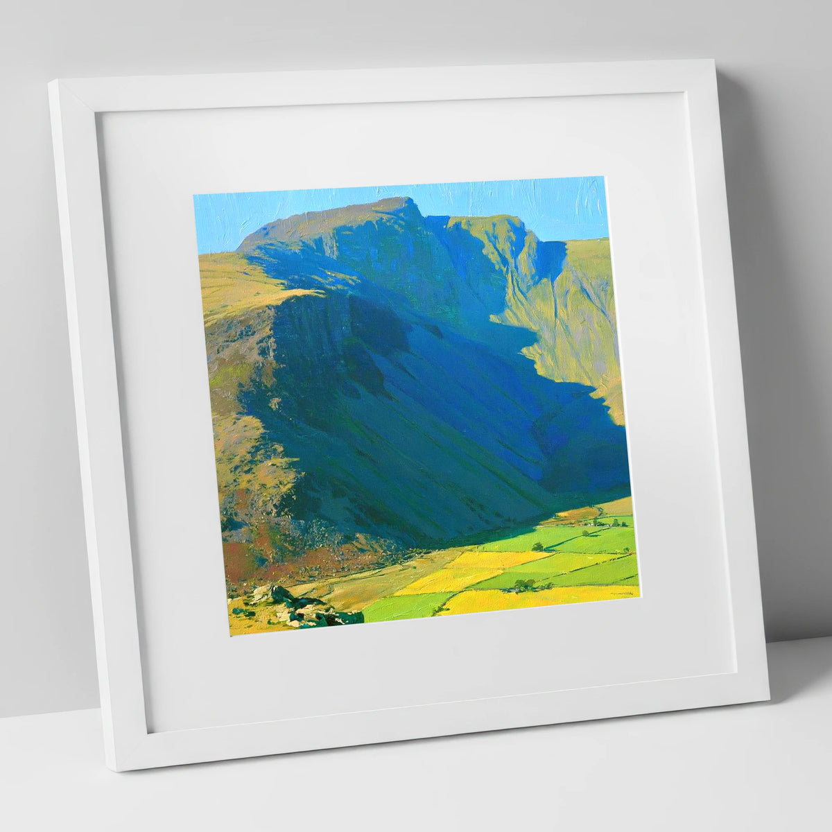 Scafell Pike Above Vibrant Fields lake district fell art print in white frame