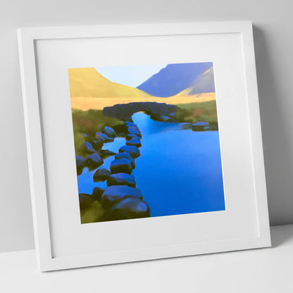Vibrant Blue Stream and Bridge lake district waterfall art print in white frame