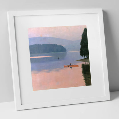 Sunrise Kayak on Pastel Waters lake district walking art print in white frame