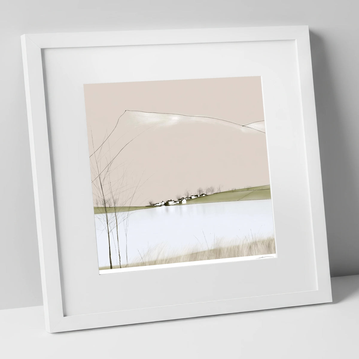 Minimalist Pooley Bridge and Lake lake district village art print in white frame