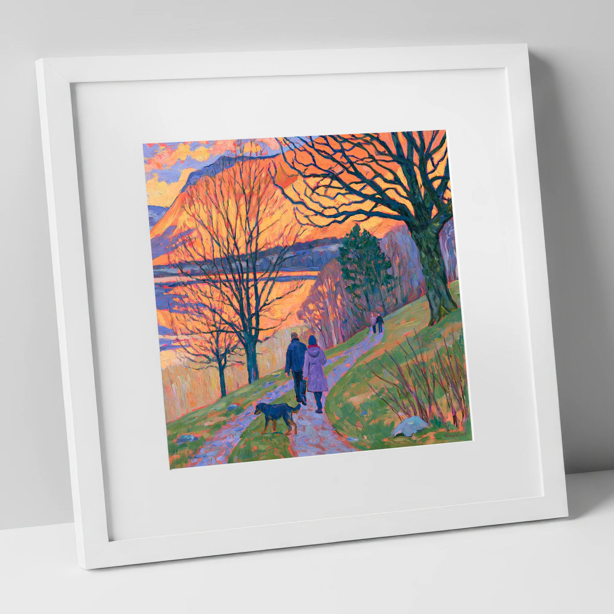 Vibrant Sunset Dog Walk Keswick gifts for dog walkers art print in white frame