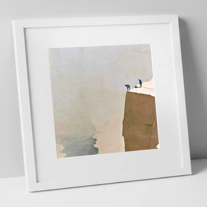 Climbers on a Snowy Crag lake district walking art print in white frame