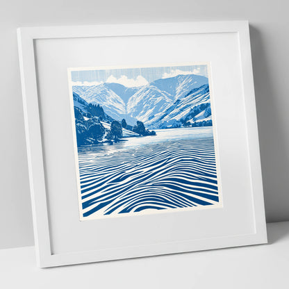 Cobalt Blue Ullswater Fells lake district lake art print in white frame