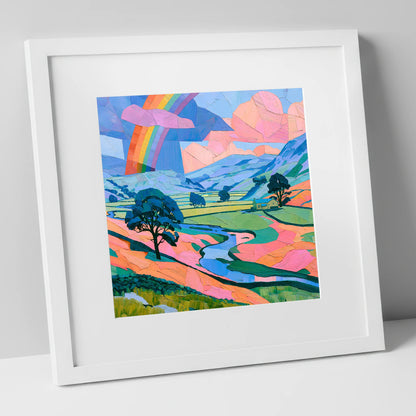 Lakeland Valley Rainbow After Rain lake district sky art print in white frame