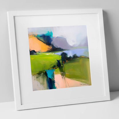 Vivid Green Valley Between Fells lake district valley art print in white frame