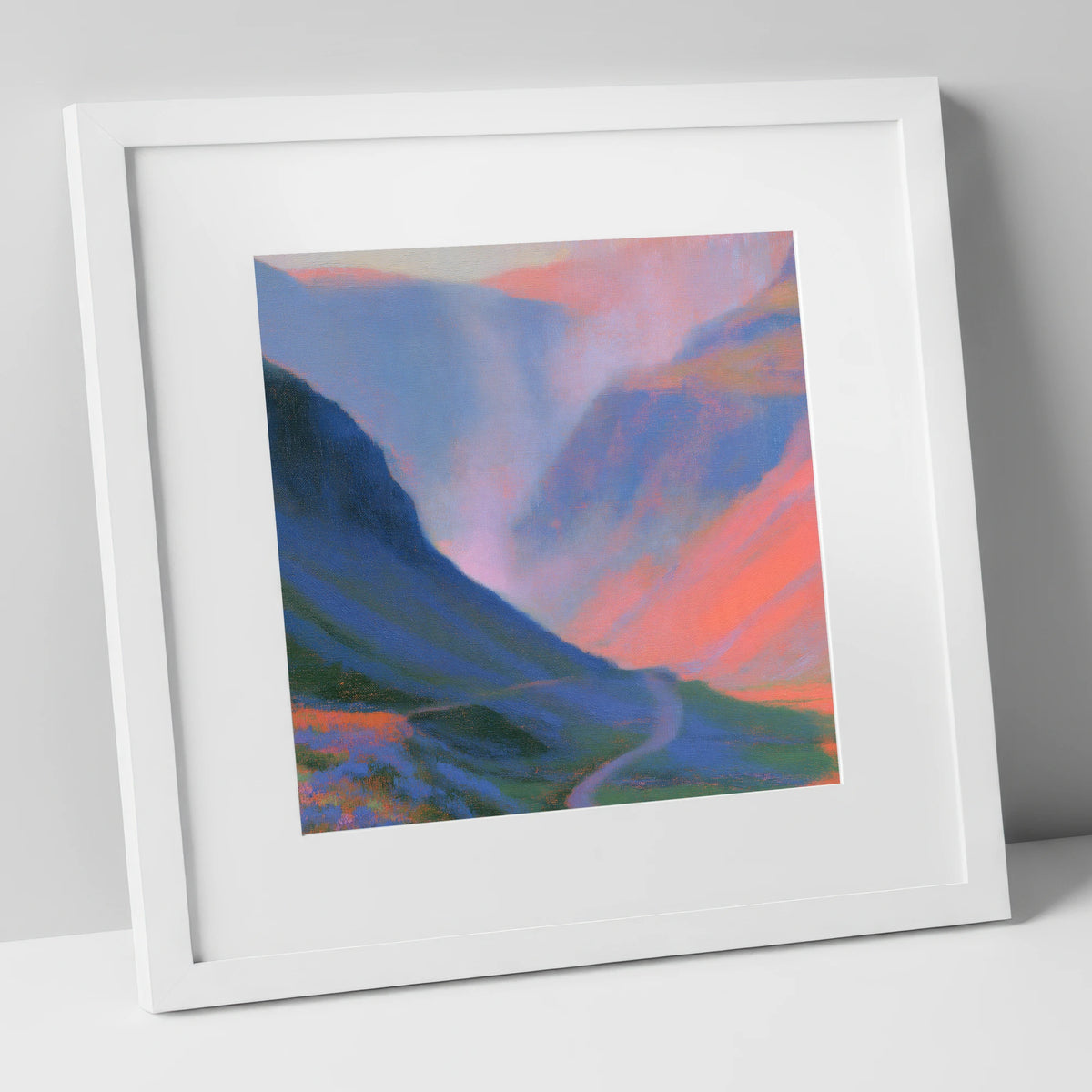 Winding Mountain Pass at Twilight lake district valley art print in white frame