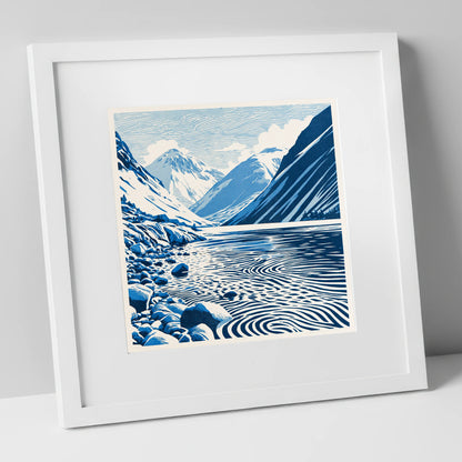 Wastwater Screes in Cobalt Blue lake district lake art print in white frame