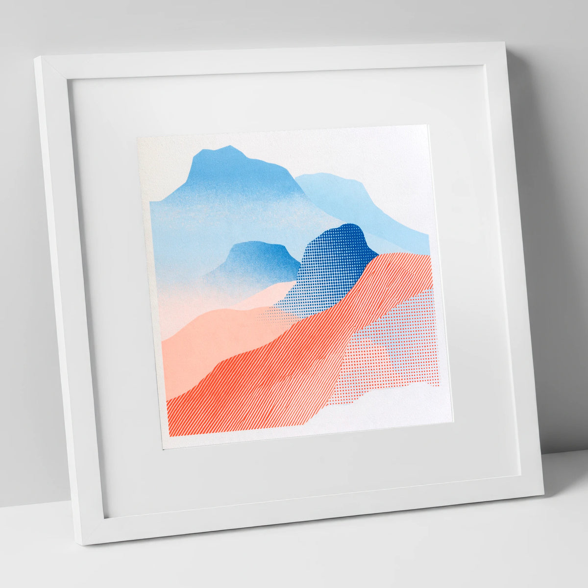Coral and Blue Langdale Pikes lake district fell art print in white frame