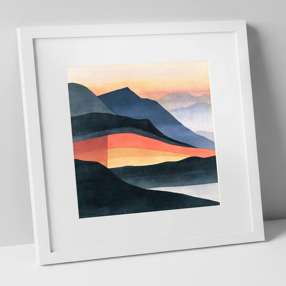 Charcoal and Terracotta Summit View lake district fell art print in white frame