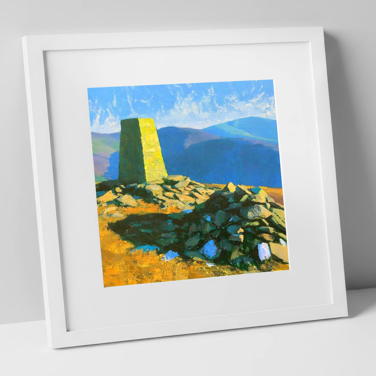 Sunlit Binsey Summit Trig Pillar lake district fell art print in white frame