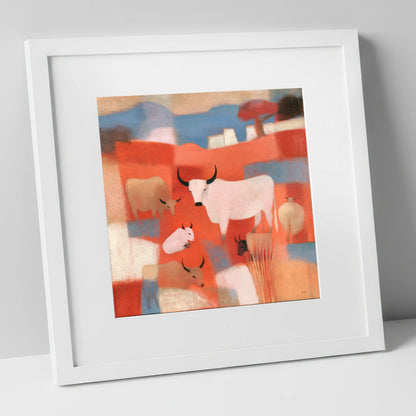 Highland Cattle in Terracotta Fells lake district wildlife art print in white frame