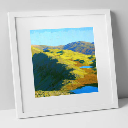 Vibrant Blea Rigg and Tarns lake district fell art print in white frame