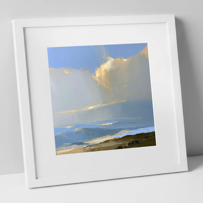 Sunlit Cloud Over Rolling Fells lake district fell art print in white frame