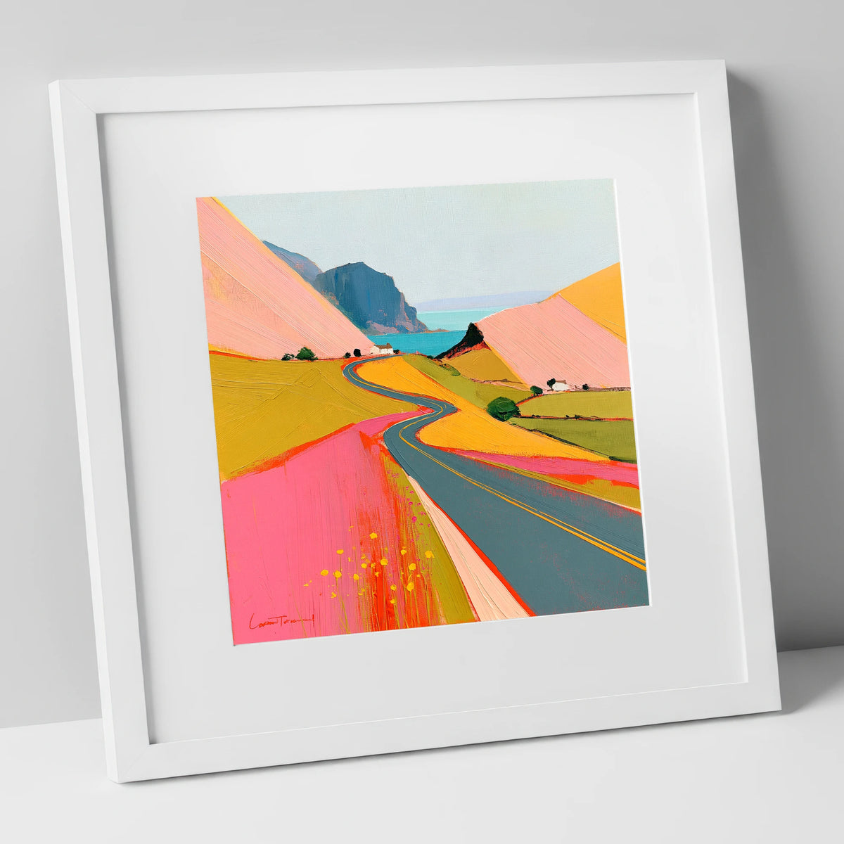 Bold Pink Mountain Pass lake district valley art print in white frame