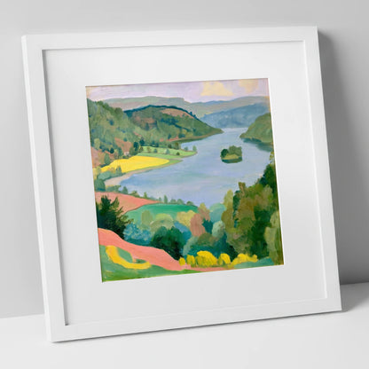 Vibrant Rydal Water from Above lake district lake art print in white frame